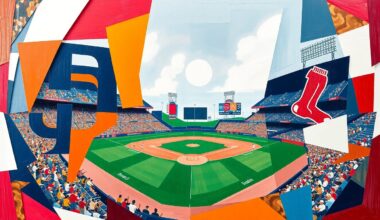 A cubist, geometric painting depicting a baseball game between the San Diego Padres and Boston Red Sox, with overlapping planes of vibrant team colors representing the dynamic action on the field.