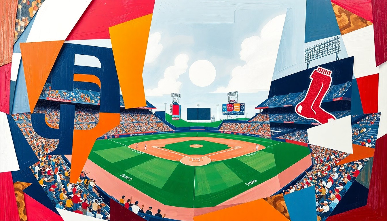 A cubist, geometric painting depicting a baseball game between the San Diego Padres and Boston Red Sox, with overlapping planes of vibrant team colors representing the dynamic action on the field.