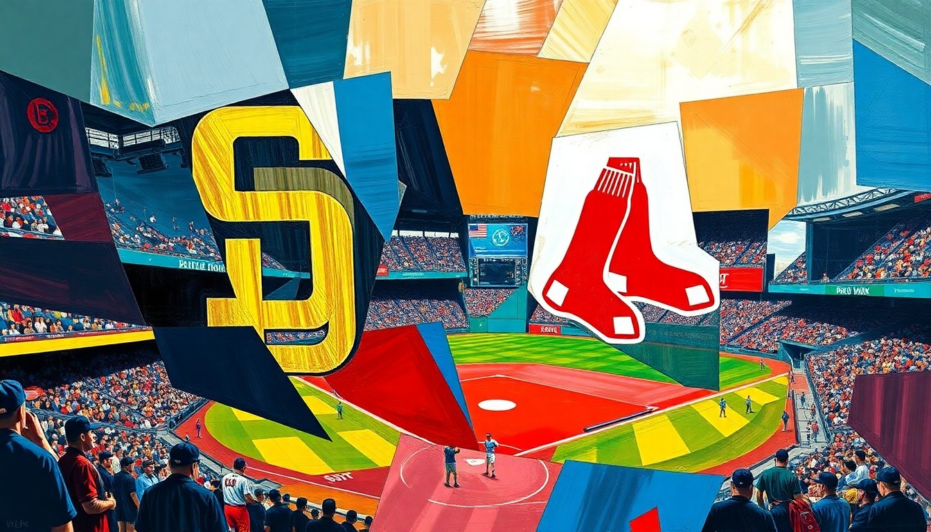A cubist-style painting depicting a baseball game in progress, with the players and field broken down into sharp, overlapping geometric shapes and planes in a vibrant color palette.