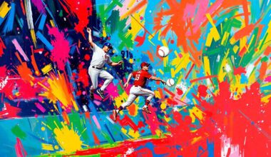 A vibrant, expressionistic painting capturing the raw energy and athleticism of an outfielder leaping high above the wall to make a spectacular catch, with the baseball and players