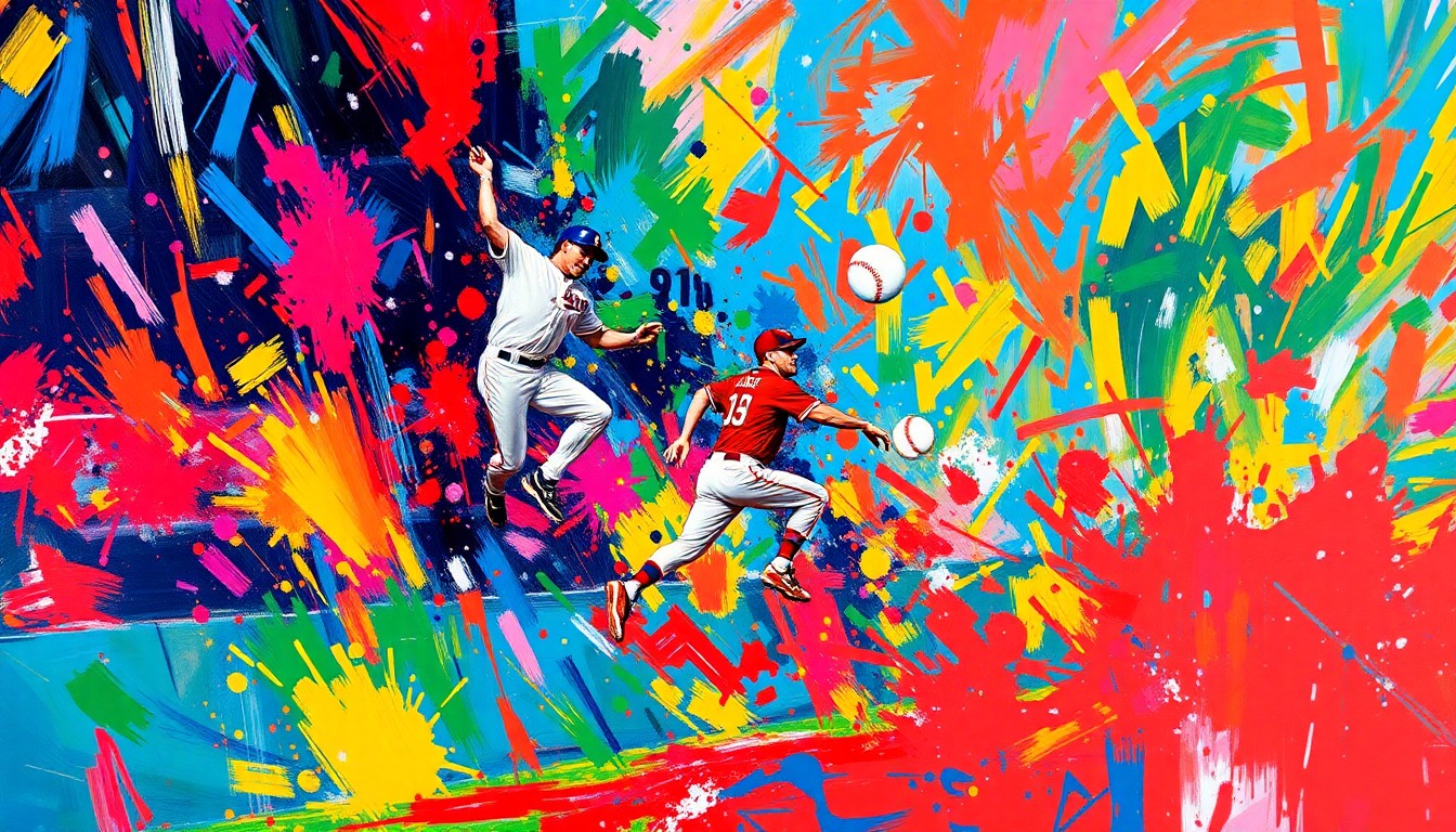A vibrant, expressionistic painting capturing the raw energy and athleticism of an outfielder leaping high above the wall to make a spectacular catch, with the baseball and players