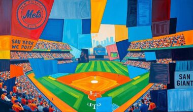 A fragmented, geometric painting depicting a baseball game between the New York Mets and San Francisco Giants, with the players and field broken down into overlapping planes of vibrant colors.