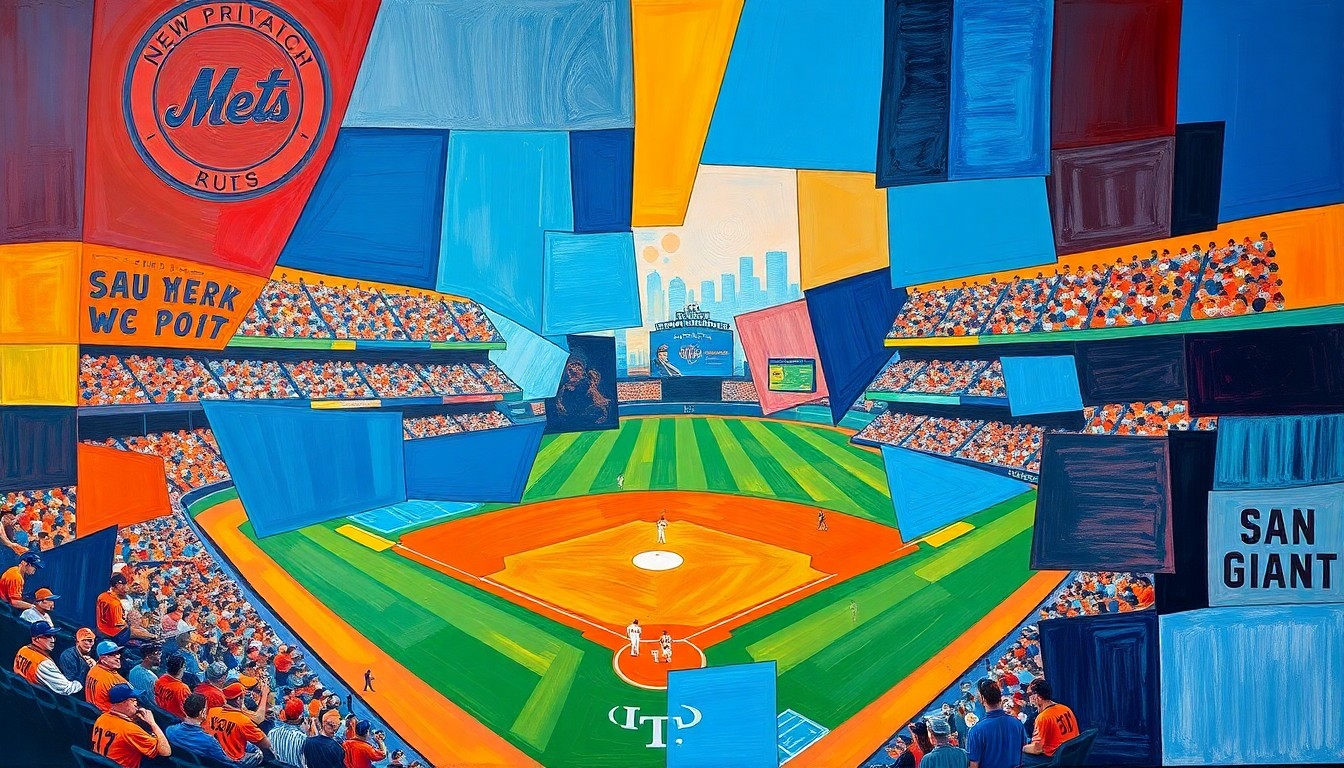 A fragmented, geometric painting depicting a baseball game between the New York Mets and San Francisco Giants, with the players and field broken down into overlapping planes of vibrant colors.