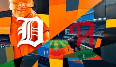 A cubist, geometric painting depicting a baseball game between the Detroit Tigers and Minnesota Twins, with the players and field fragmented into sharp, overlapping planes of color and shape, creating a dynamic, energetic composition.