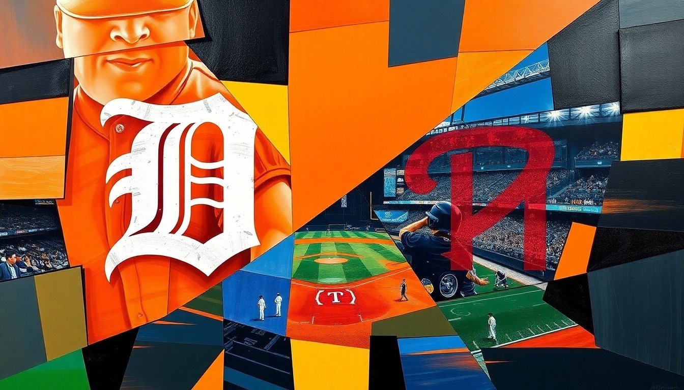 A cubist, geometric painting depicting a baseball game between the Detroit Tigers and Minnesota Twins, with the players and field fragmented into sharp, overlapping planes of color and shape, creating a dynamic, energetic composition.