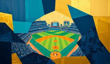 A cubist-style painting depicting a baseball game broken down into overlapping geometric shapes and planes in navy, teal, and gold, conveying the concept of veteran leadership guiding young players.