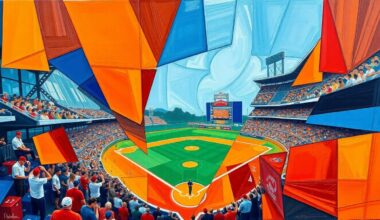 A cubist, geometric painting depicting a baseball game broken down into overlapping planes of bright colors, capturing the dynamic energy and shifting momentum of the Padres