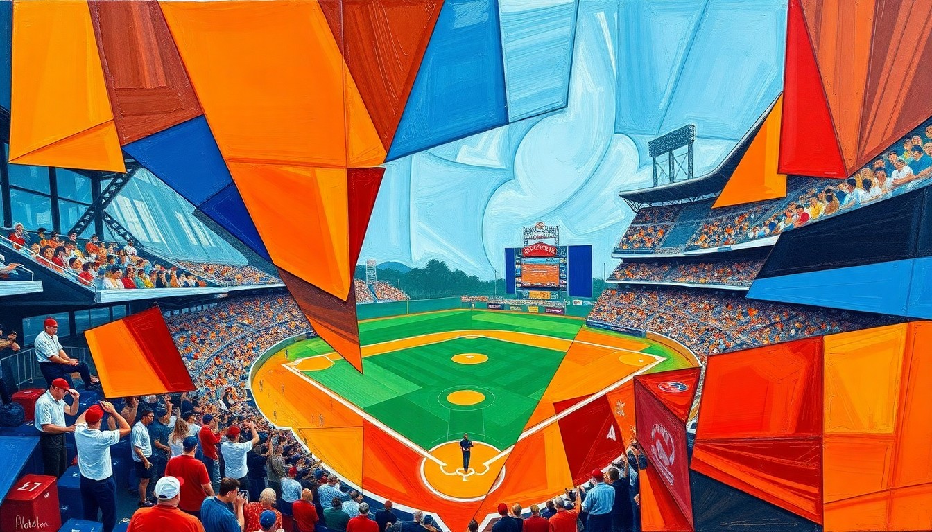A cubist, geometric painting depicting a baseball game broken down into overlapping planes of bright colors, capturing the dynamic energy and shifting momentum of the Padres