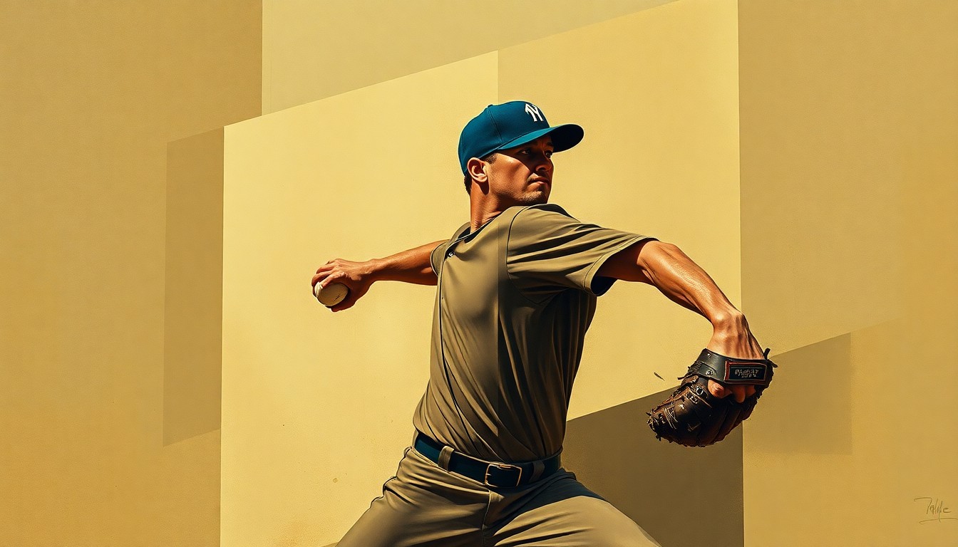 A fractured, cubist-style painting depicting the geometric shapes and planes of a baseball pitcher