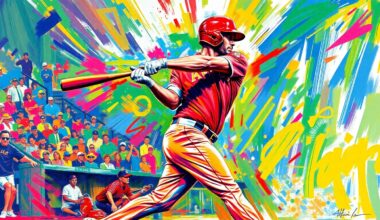 An abstract expressionist painting in vibrant neon colors, capturing the explosive energy and raw power of a baseball player