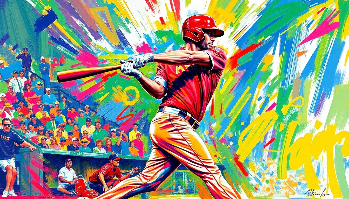 An abstract expressionist painting in vibrant neon colors, capturing the explosive energy and raw power of a baseball player