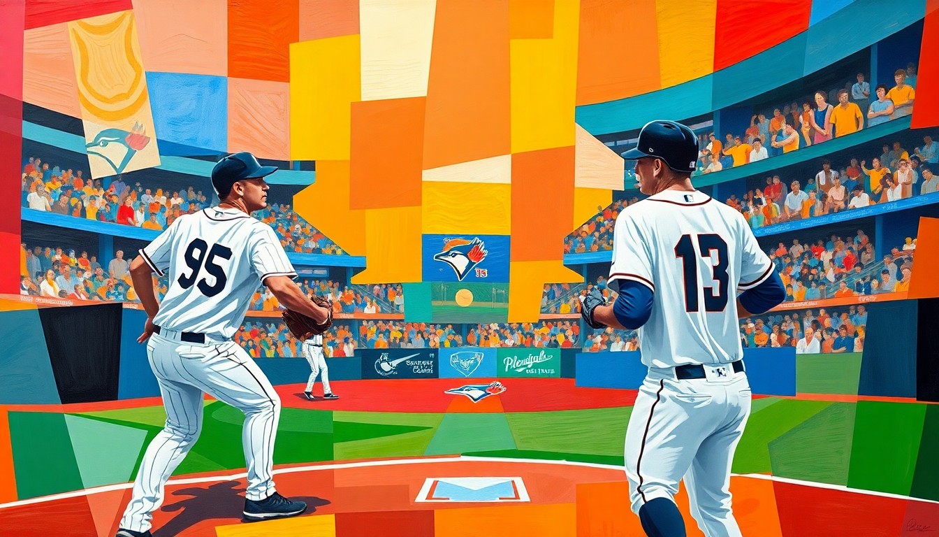 A cubist, geometric painting depicting a baseball game, with the players and field broken down into overlapping planes of color representing the uniforms of the White Sox and Blue Jays.