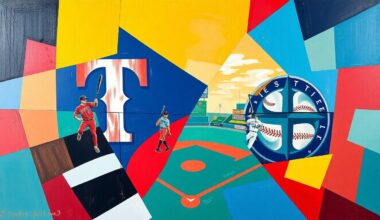 A fractured, geometric painting depicting a baseball game between the Texas Rangers and Seattle Mariners, with sharp overlapping planes in the teams