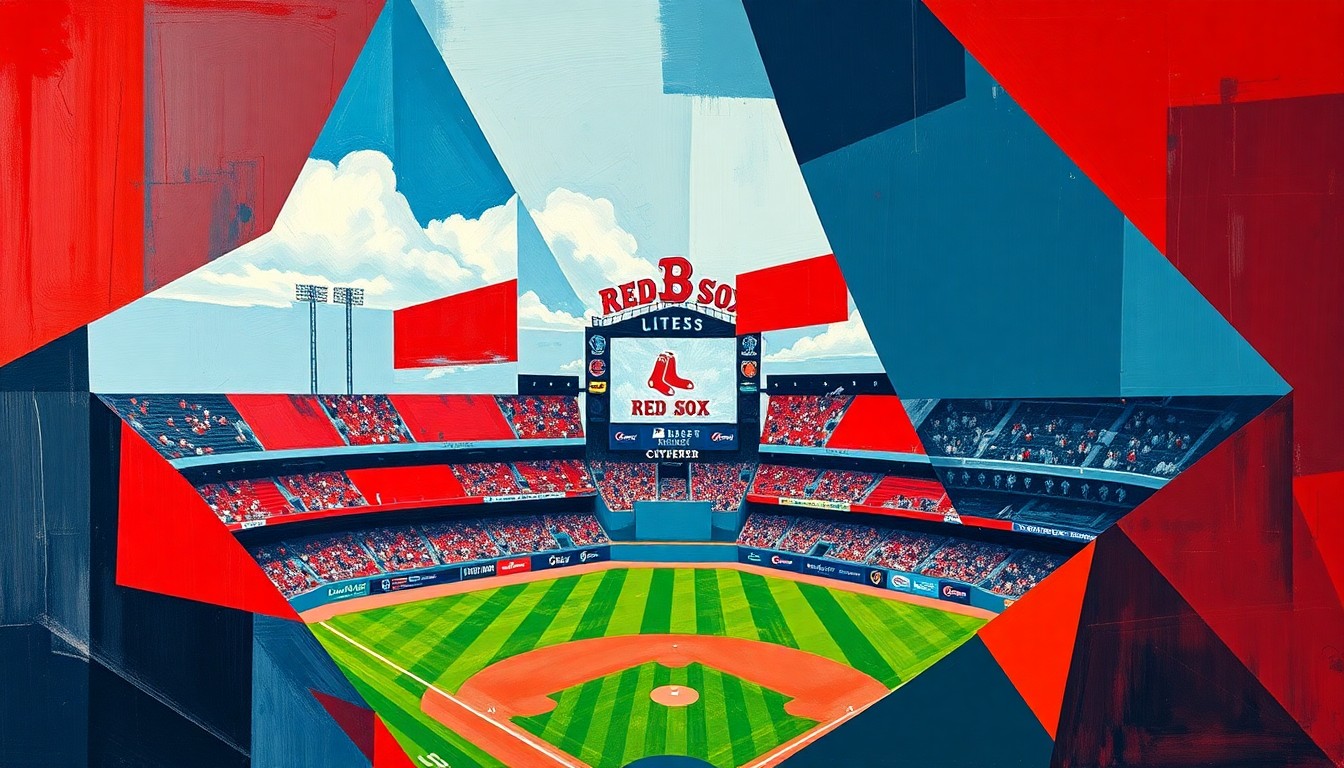A cubist-style painting featuring sharp, overlapping geometric planes in the Red Sox
