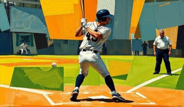 A cubist-style painting depicting a baseball catcher in mid-swing, with the batter and umpire also visible in the background, all broken down into sharp, overlapping geometric planes in a vibrant color palette.