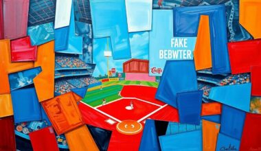 A cubist-inspired painting featuring overlapping geometric shapes and planes in vibrant colors, conceptually representing the fast-paced action and competitive spirit of a professional baseball game.