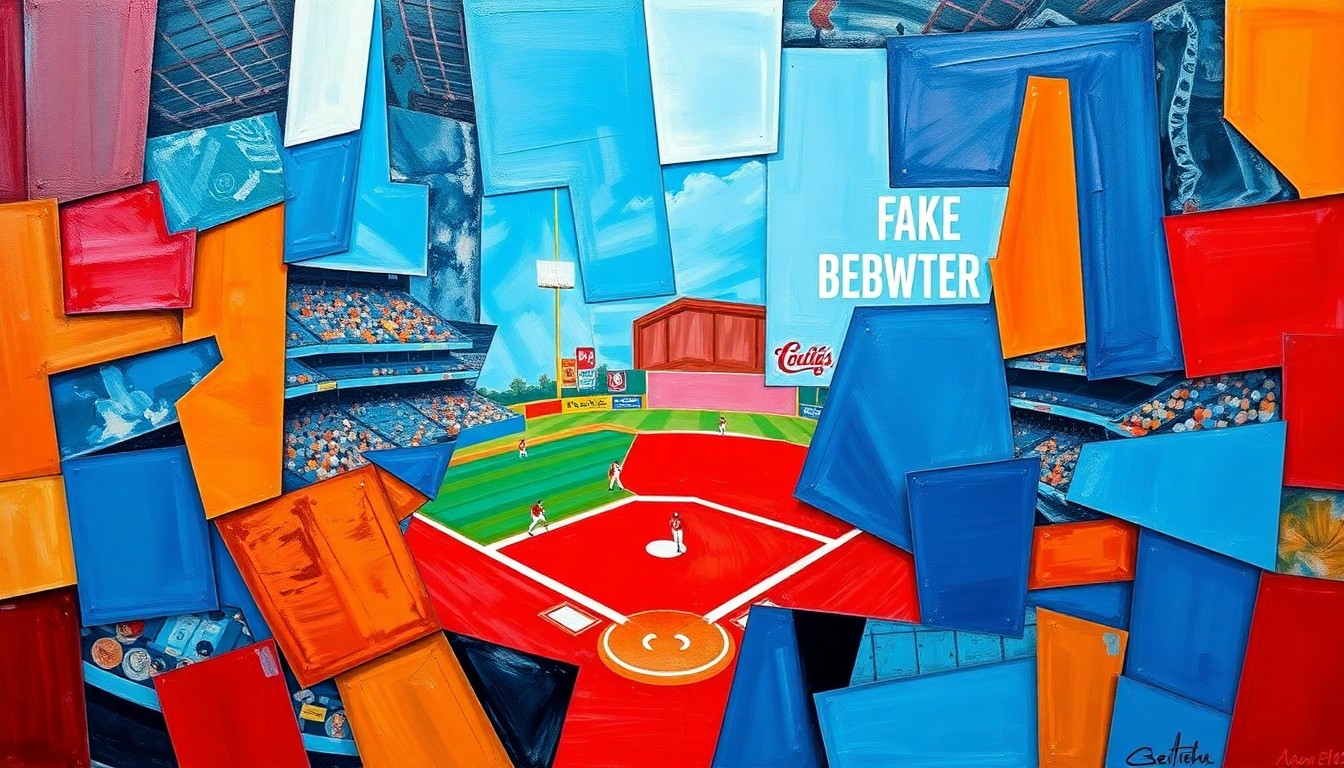 A cubist-inspired painting featuring overlapping geometric shapes and planes in vibrant colors, conceptually representing the fast-paced action and competitive spirit of a professional baseball game.