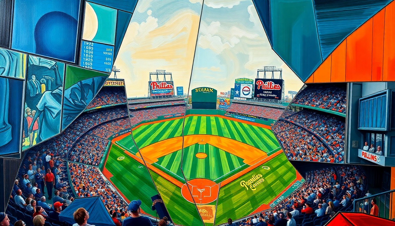 A fractured, multi-perspective painting depicting a baseball game between two teams, with the players and field broken down into sharp, overlapping geometric shapes and planes in a vibrant color palette.