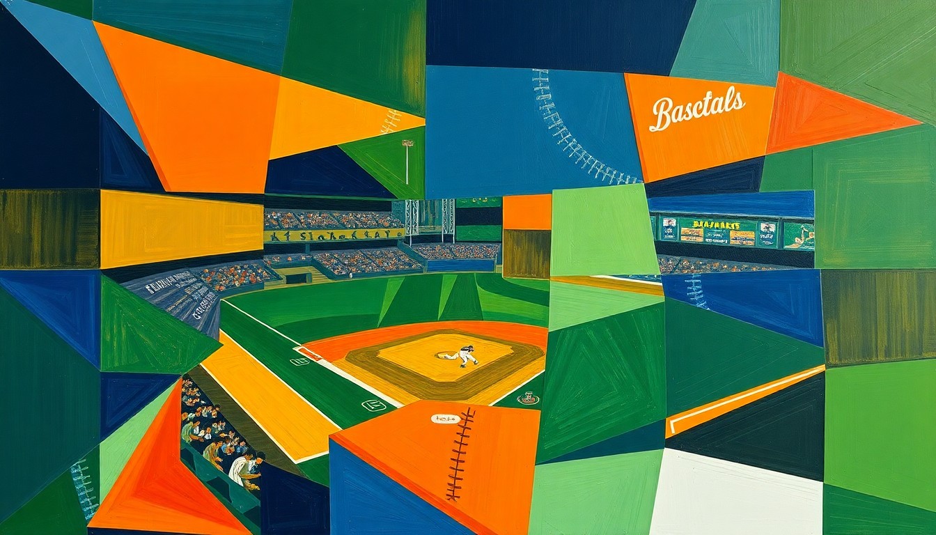 A fragmented, geometric painting depicting a baseball game, with sharp planes of color and overlapping shapes representing the dynamic movements of the players.