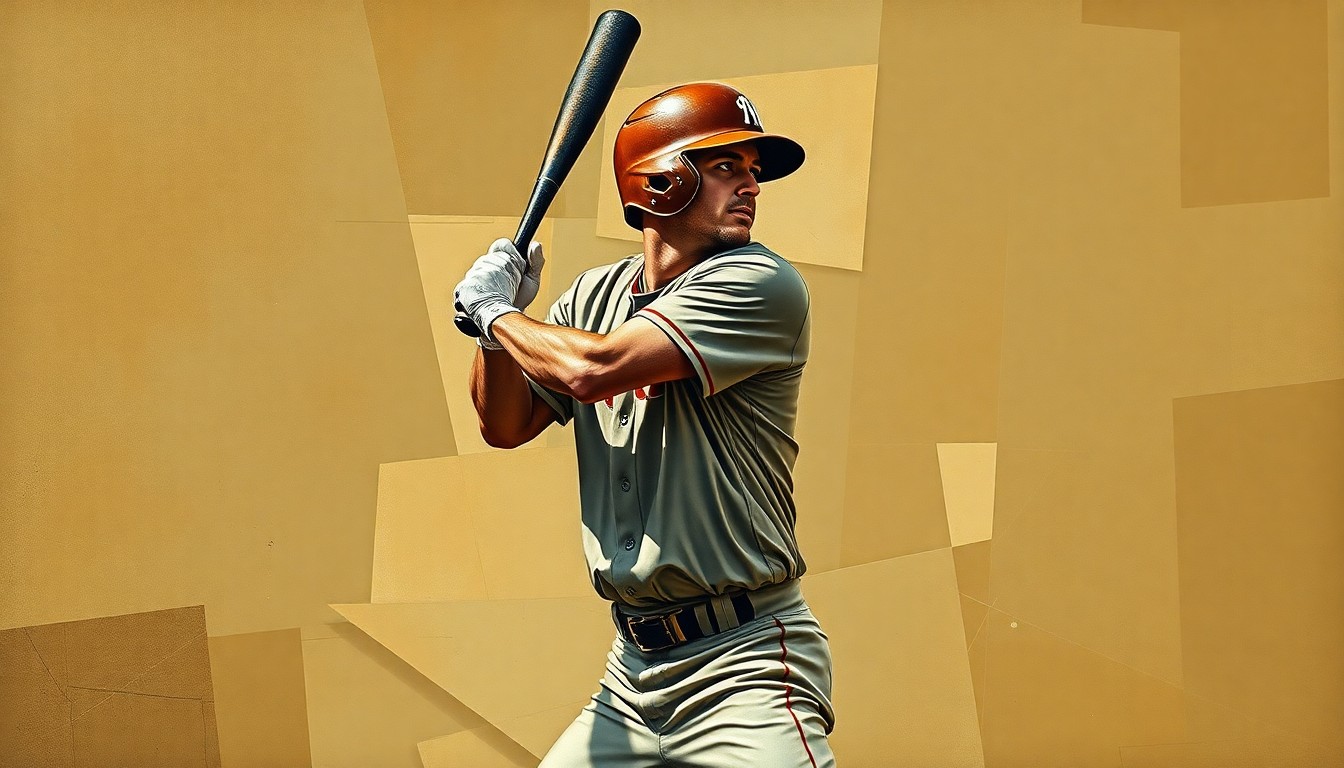 A cubist-style painting depicting a baseball player in the batter