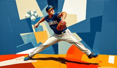 A fragmented, cubist-style painting depicting a baseball pitcher