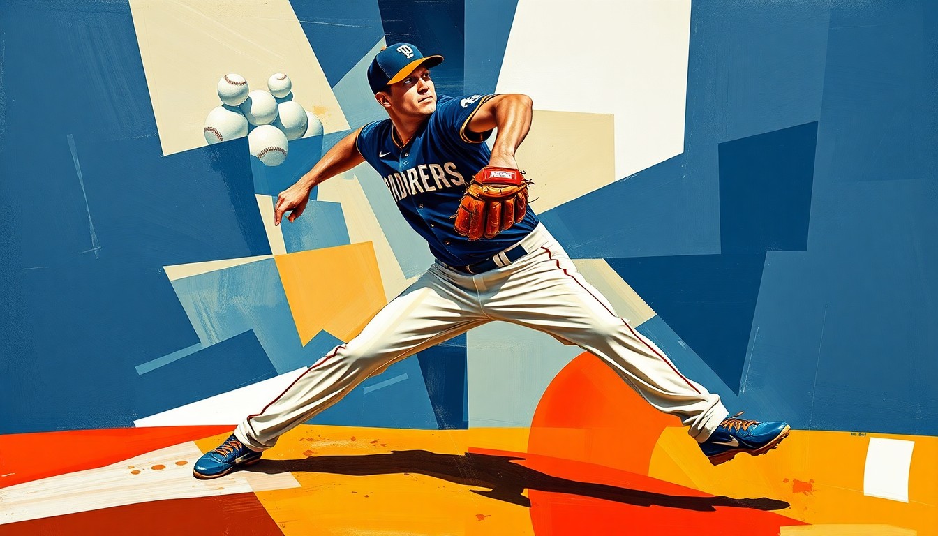 A fragmented, cubist-style painting depicting a baseball pitcher