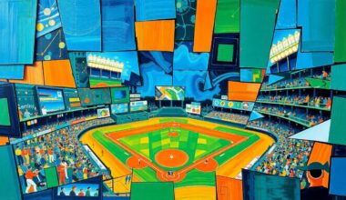 A fractured, geometric painting depicting a baseball game or match, with sharp planes of color and overlapping shapes representing the dynamic action on the field.