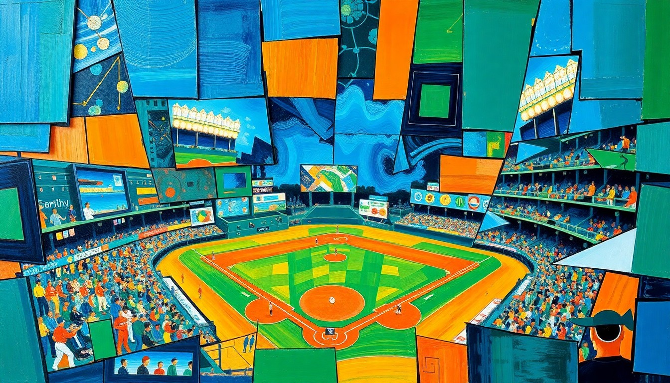A fractured, geometric painting depicting a baseball game or match, with sharp planes of color and overlapping shapes representing the dynamic action on the field.