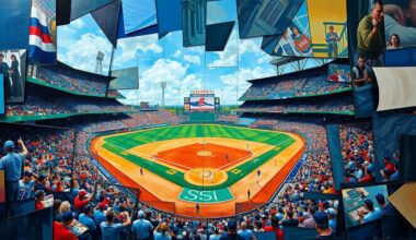 A fragmented, cubist-style painting depicting various baseball elements like bats, balls, and players