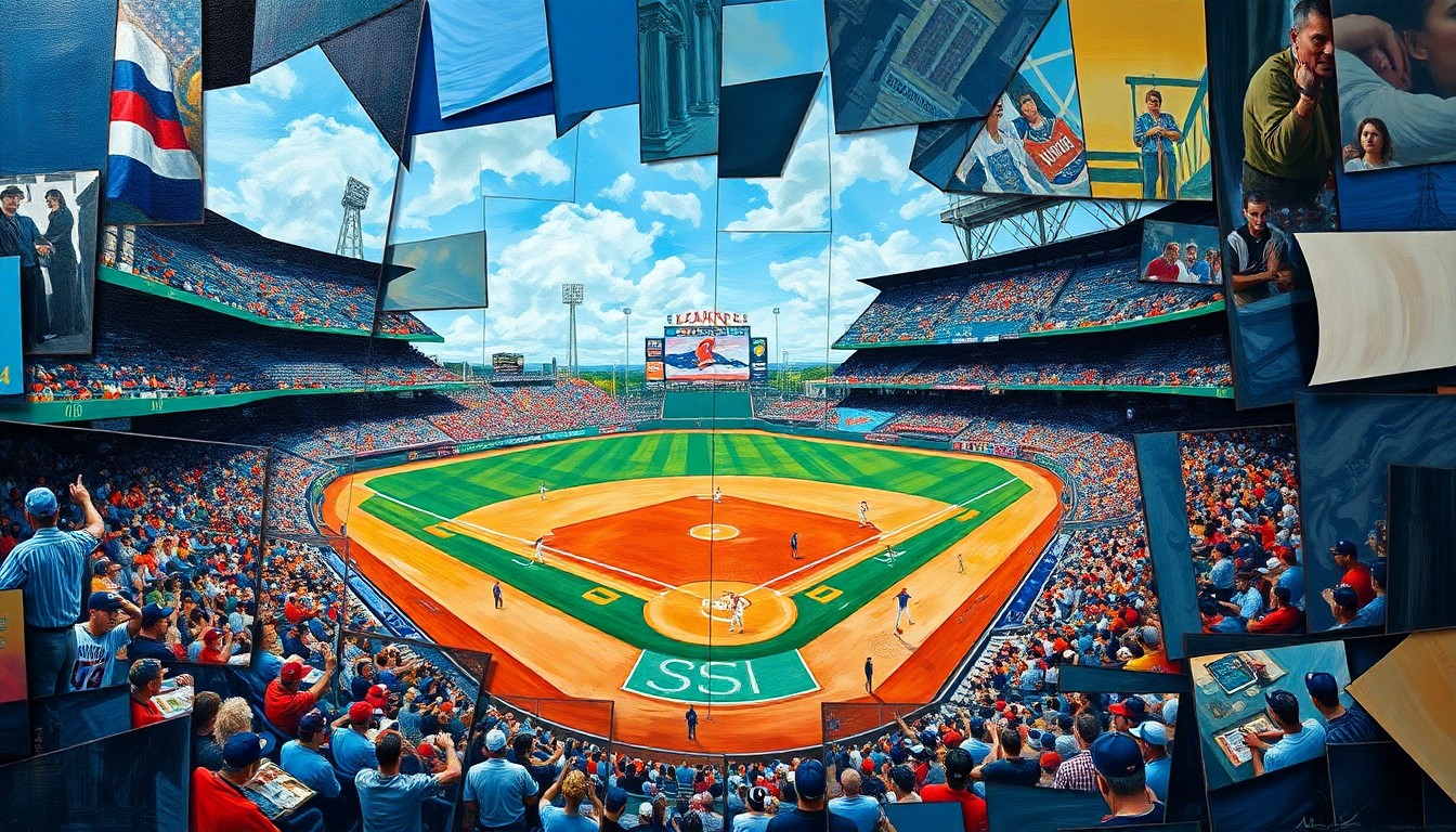 A fragmented, cubist-style painting depicting various baseball elements like bats, balls, and players