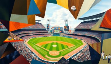 A fragmented, geometric painting depicting a baseball game at Oracle Park, with the players, field, and stadium broken down into abstract shapes and planes of color.