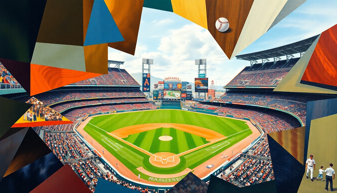 A fragmented, geometric painting depicting a baseball game at Oracle Park, with the players, field, and stadium broken down into abstract shapes and planes of color.