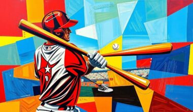 A fragmented, geometric painting depicting a baseball player being struck by a pitch, the player