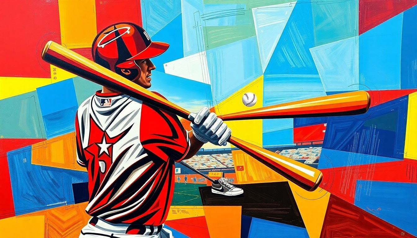 A fragmented, geometric painting depicting a baseball player being struck by a pitch, the player