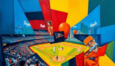 A fragmented, geometric painting depicting a baseball game between two teams, with sharp planes of color representing the players and field in an abstract, deconstructed style.