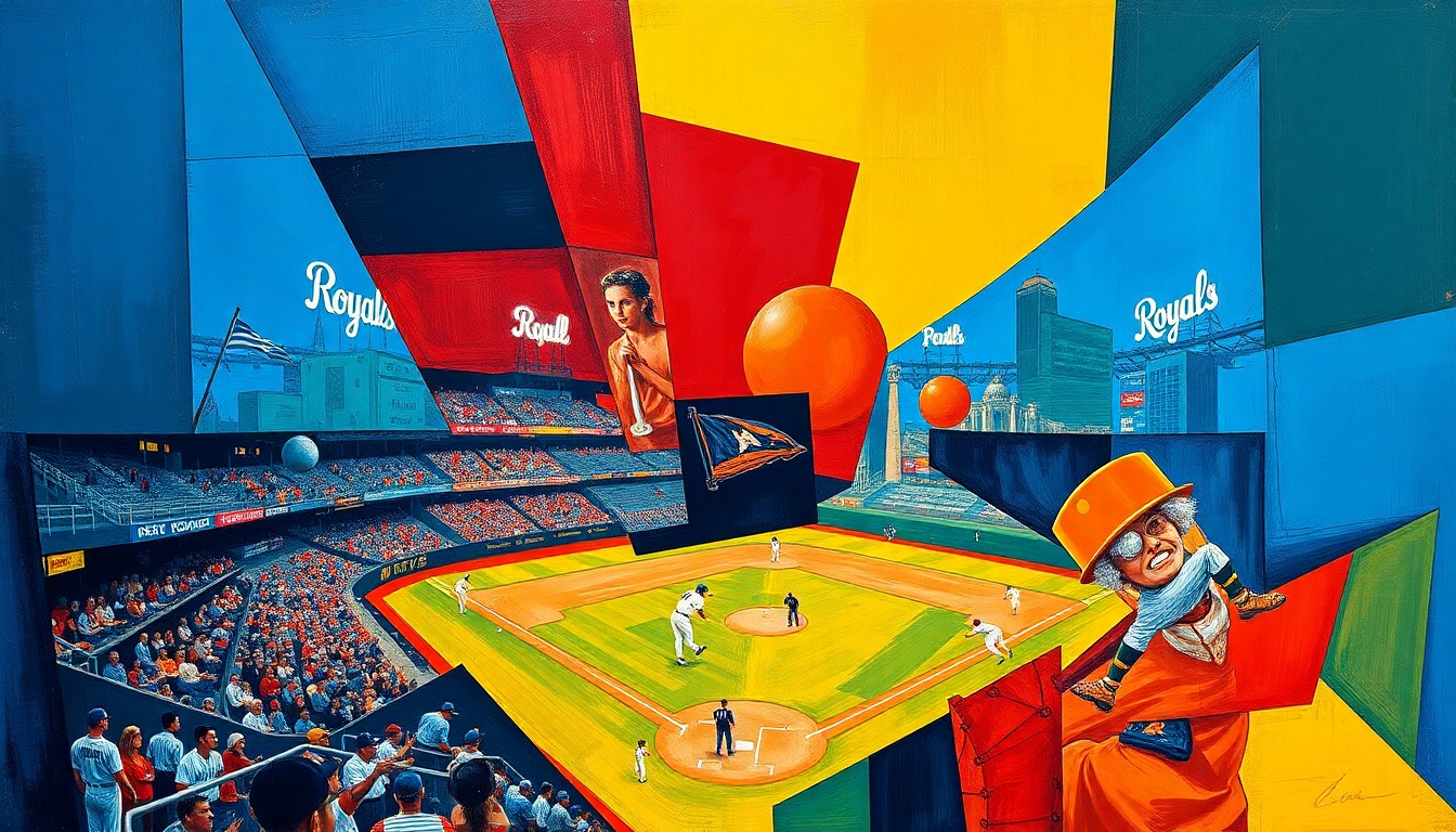 A fragmented, geometric painting depicting a baseball game between two teams, with sharp planes of color representing the players and field in an abstract, deconstructed style.