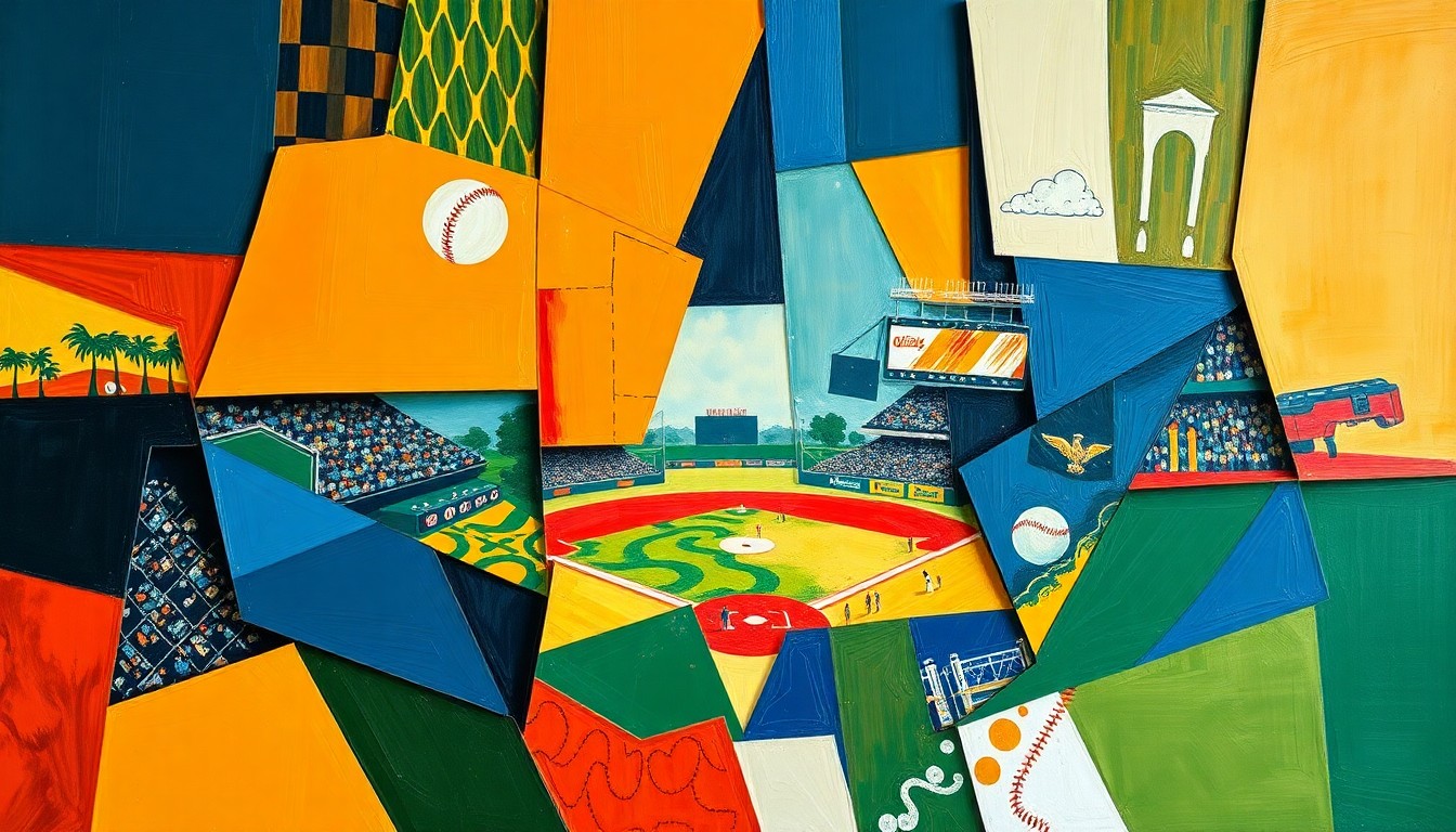 A cubist, geometric painting depicting a baseball game or match, with sharp, overlapping shapes and planes in vibrant colors like navy, orange, and green, conveying the fragmented and disjointed nature of the Orioles