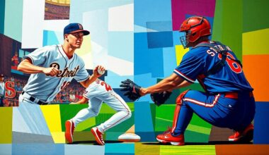 A fragmented, geometric painting depicting the motion of a baseball catcher throwing to first base, with the players