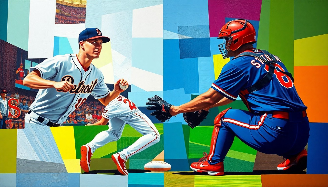 A fragmented, geometric painting depicting the motion of a baseball catcher throwing to first base, with the players