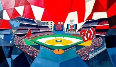 A fractured, geometric painting in bold primary colors depicting overlapping perspectives of a baseball game, conveying the dynamic action and tactical nature of the sport.