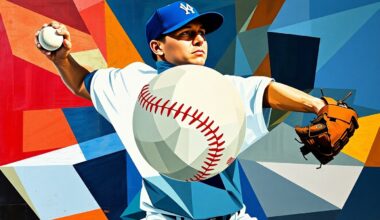 A fragmented, geometric painting depicting the motion of a baseball pitcher, with sharp planes and angles representing the explosive energy of the pitcher