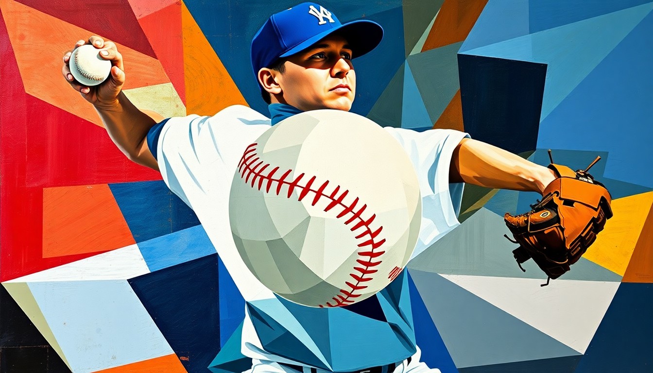 A fragmented, geometric painting depicting the motion of a baseball pitcher, with sharp planes and angles representing the explosive energy of the pitcher