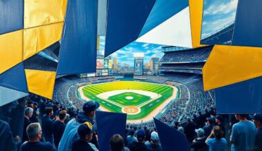 A fragmented, geometric painting depicting a baseball game in progress, with sharp planes of navy, gold, and white representing the players, field, and stadium.