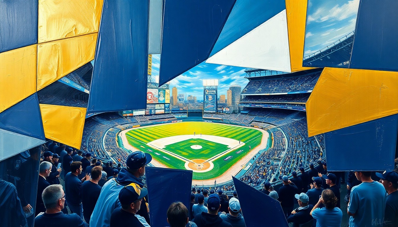 A fragmented, geometric painting depicting a baseball game in progress, with sharp planes of navy, gold, and white representing the players, field, and stadium.