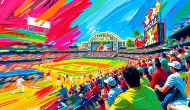 A vibrant, expressionist painting capturing the raw energy and excitement of a baseball game at Tropicana Field, with players and fans depicted in a blur of motion against the iconic stadium structure.