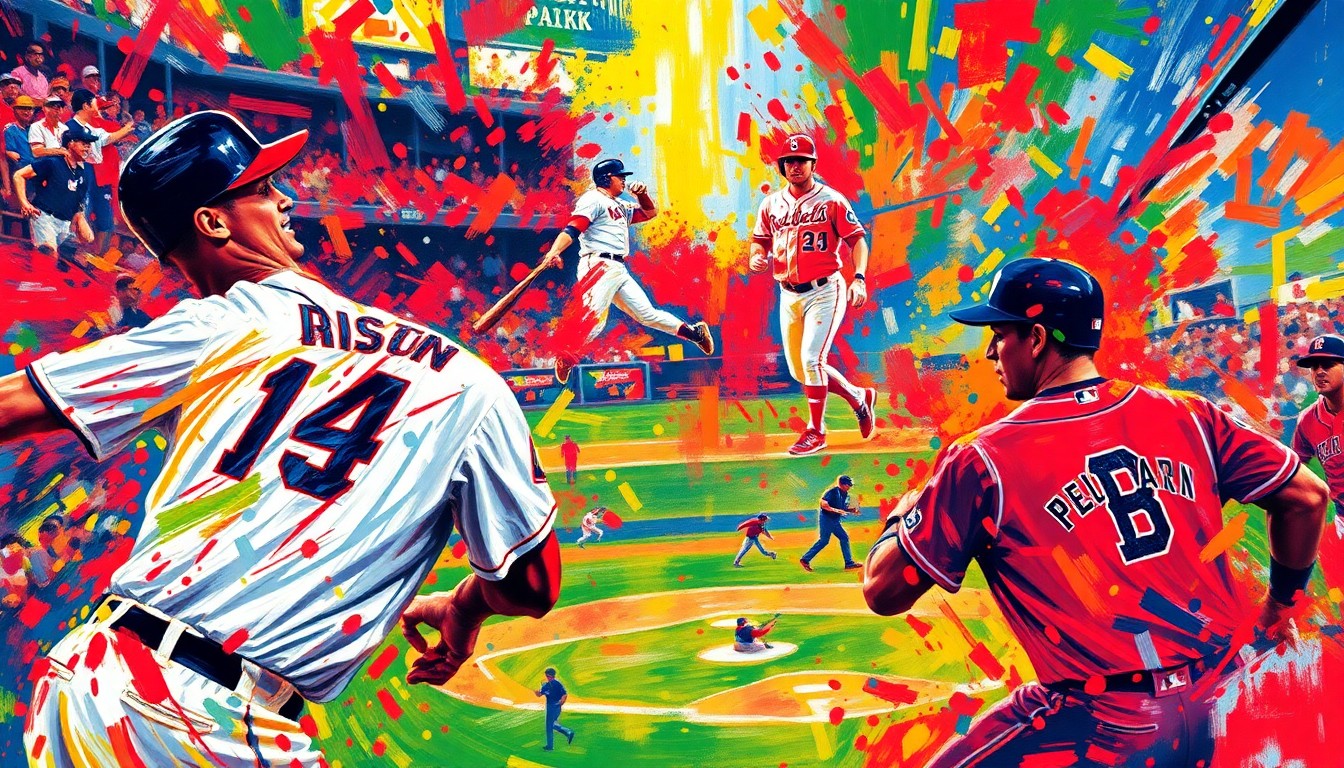 An abstract, energetic painting in the style of LeRoy Neiman, featuring bold brushstrokes and neon colors that capture the dynamic movement and intensity of a baseball game, with players