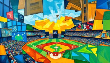 A fractured, multi-perspective painting in bold, vibrant colors, breaking down a baseball game into sharp, overlapping geometric shapes and planes, creating a dynamic, abstract representation of the sport.