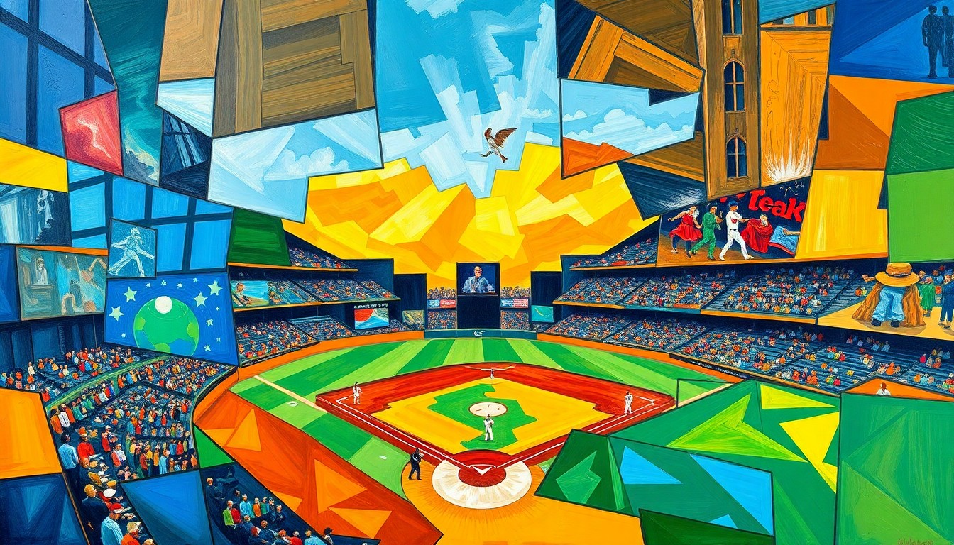 A fractured, multi-perspective painting in bold, vibrant colors, breaking down a baseball game into sharp, overlapping geometric shapes and planes, creating a dynamic, abstract representation of the sport.