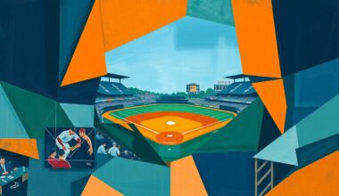 A fragmented, cubist-style painting depicting a baseball game broken down into overlapping geometric shapes and planes in navy, green, and orange tones, conveying the disruption and rearrangement caused by the weather-related schedule change.