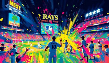 An abstract, expressionist painting in vibrant neon colors, with dynamic brushstrokes and fragmented figures representing the excitement and energy of the Rays